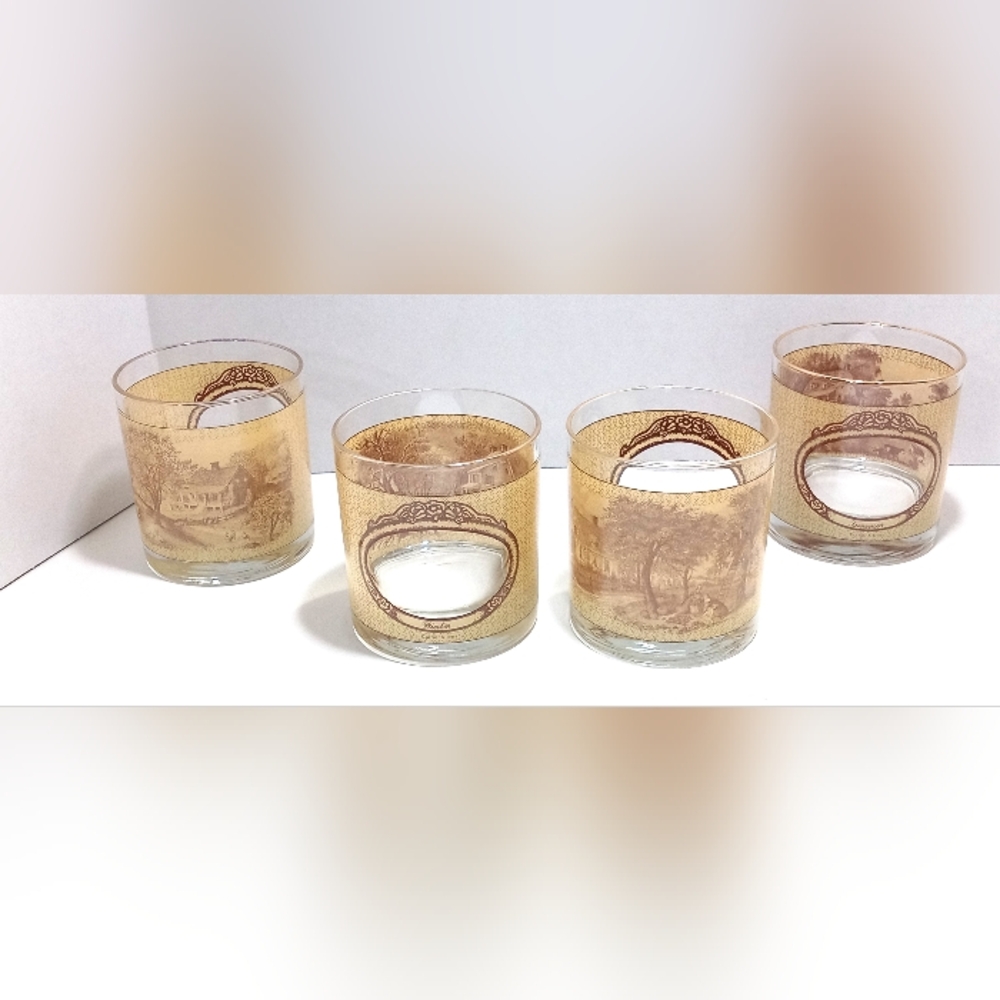 Vintage Currier and Ives Bar Glass Tumbler Set of 4 Four Seasons Homestead Houze